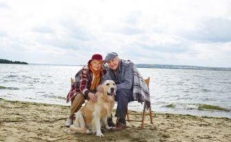 cuplu fericit de pensionari pe plaja cu un golden retriever